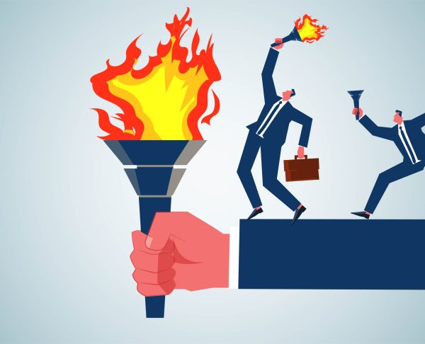 Passing on of cultural fire commerce, acquiring a legacy or skill of experience, passing on or succession plan, successor, torch relay, businessman taking an unlit torch to a giant's torch to be lit